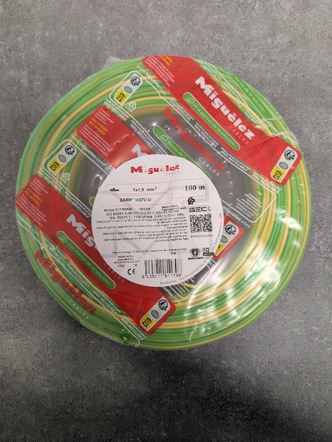 FIL HO7 V-U 1x1.5mm² V/JAUNE 100M