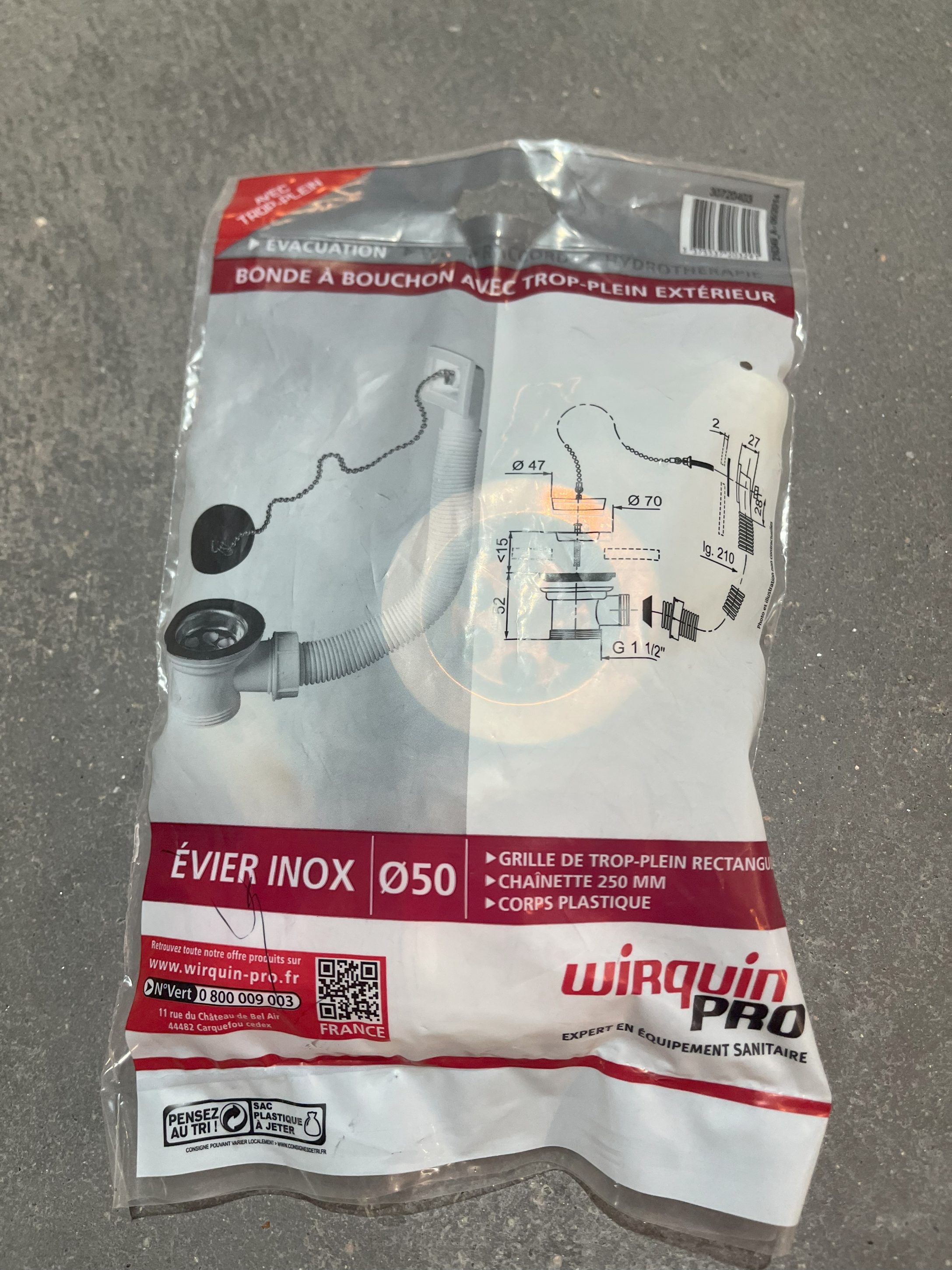 BONDE A BOUCHON POUR EVIER INOX D50 AVEC TROP PLEIN