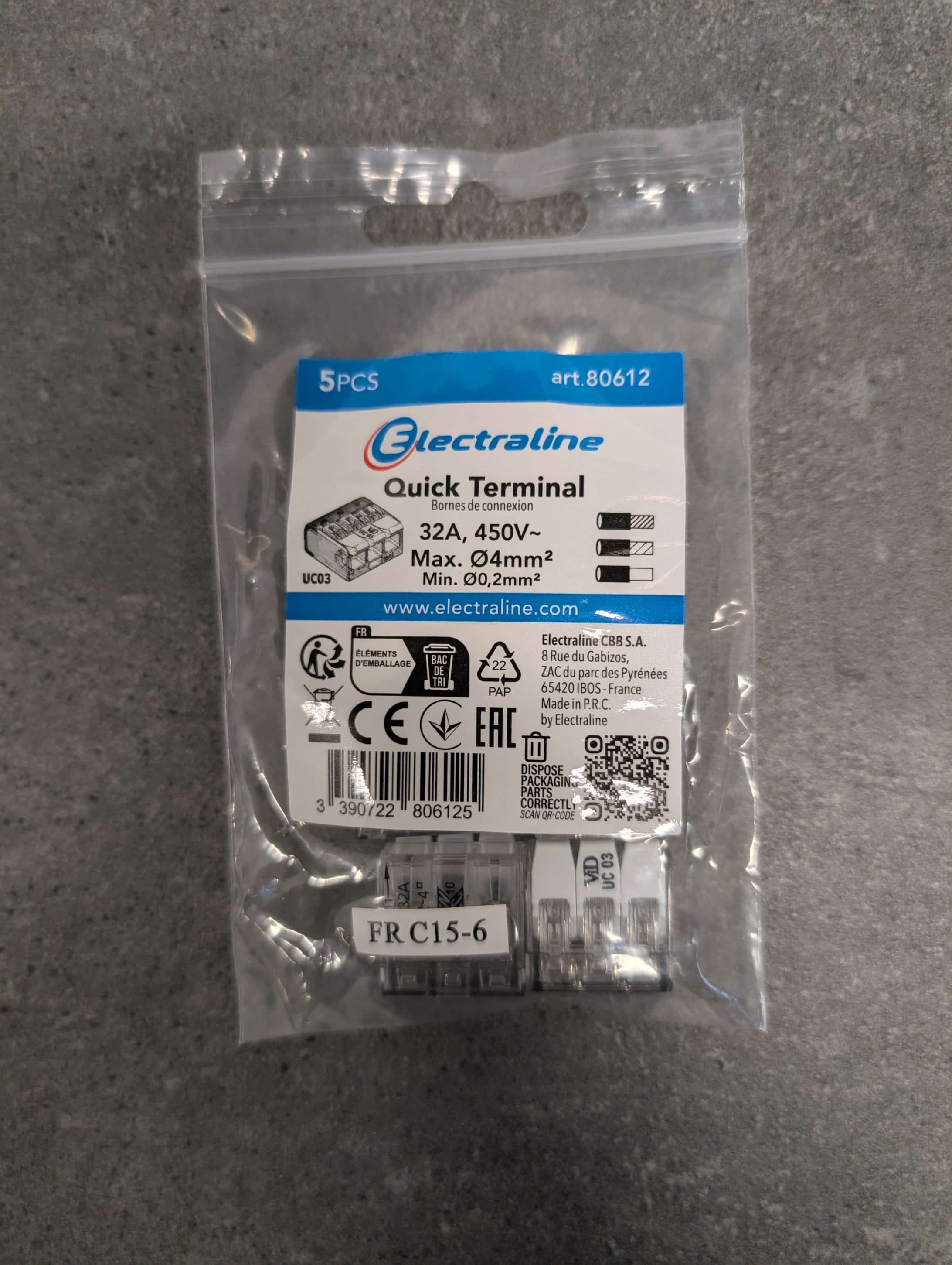 5 CONNECTEURS RAPIDES CABLE SOUPLE 3 TROUS 1 - 4MM2