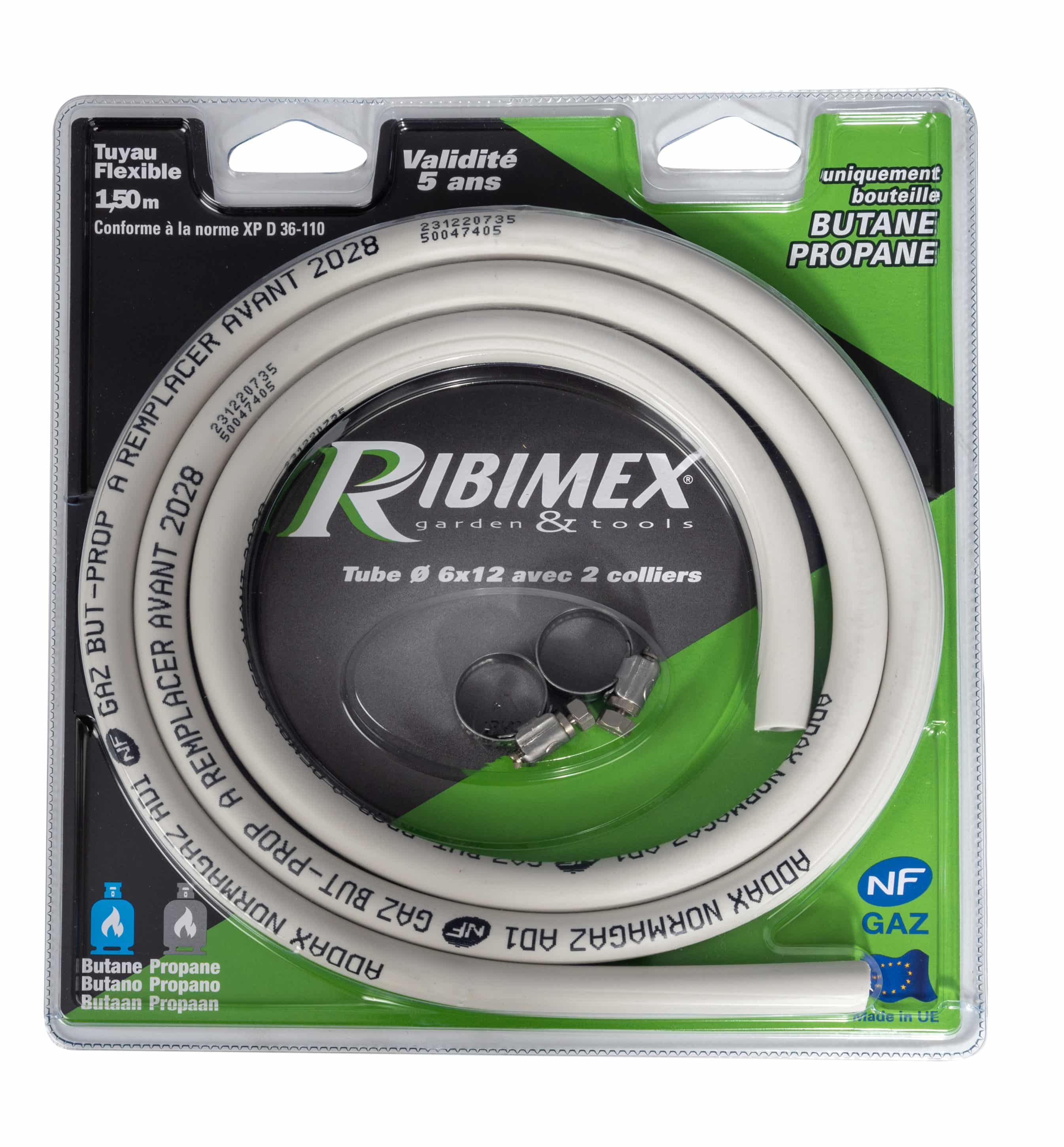 TUYAU GAZ 6X12 1M50 NF 5 ANS +2 COLLIERS
